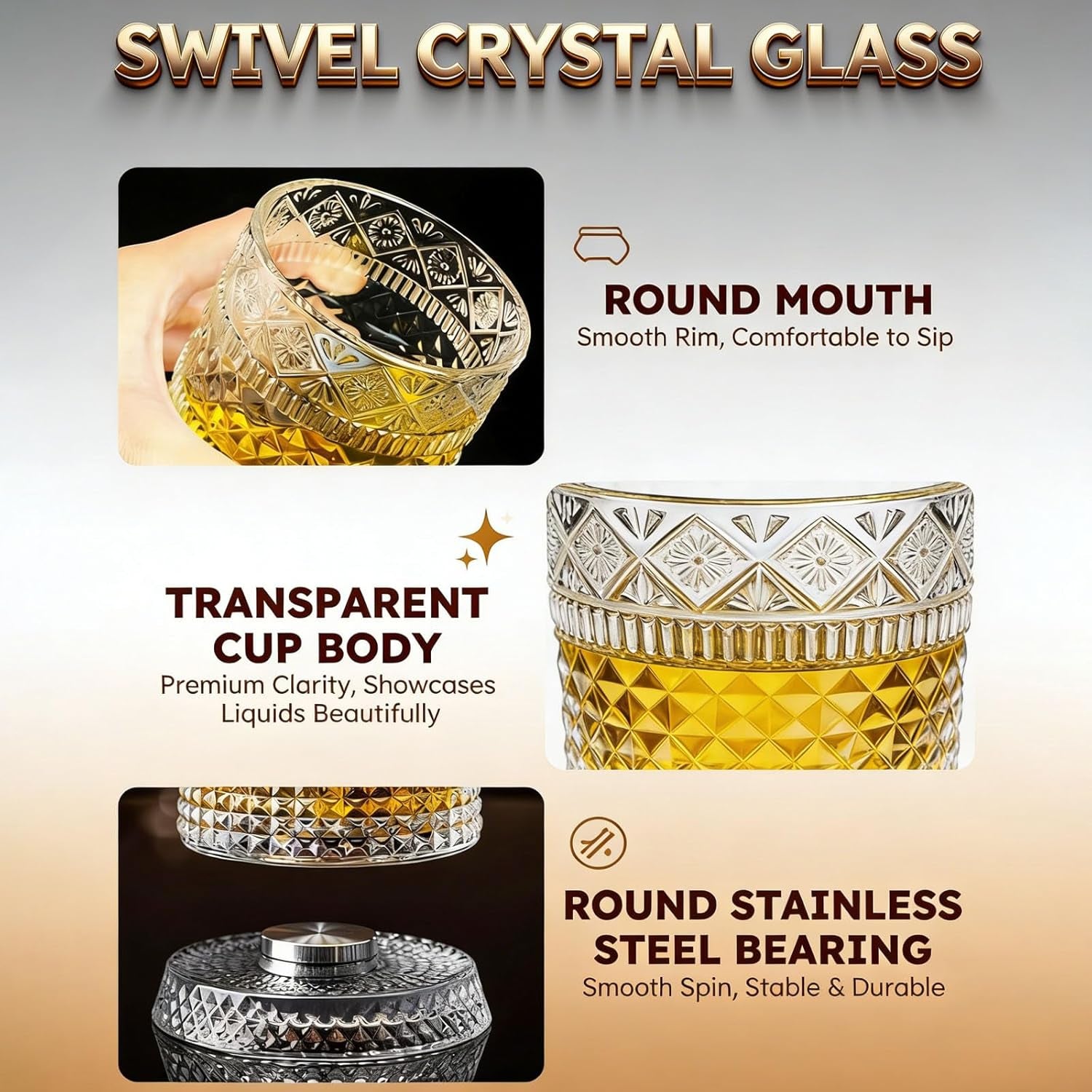 Rotating Whiskey Glass, 360 Degree Spinning Crystal Tumbler for Stress Relief, Heavy Base Kinetic Old Fashioned Glass for Scotch Bourbon, Unique Gift for Men Dad Husband on Birthday