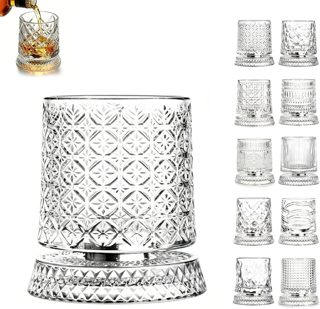 Rotating Whiskey Glass, 360 Degree Spinning Crystal Tumbler for Stress Relief, Heavy Base Kinetic Old Fashioned Glass for Scotch Bourbon, Unique Gift for Men Dad Husband on Birthday