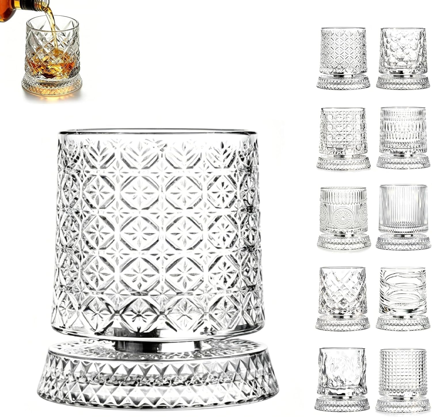 Rotating Whiskey Glass, 360 Degree Spinning Crystal Tumbler for Stress Relief, Heavy Base Kinetic Old Fashioned Glass for Scotch Bourbon, Unique Gift for Men Dad Husband on Birthday