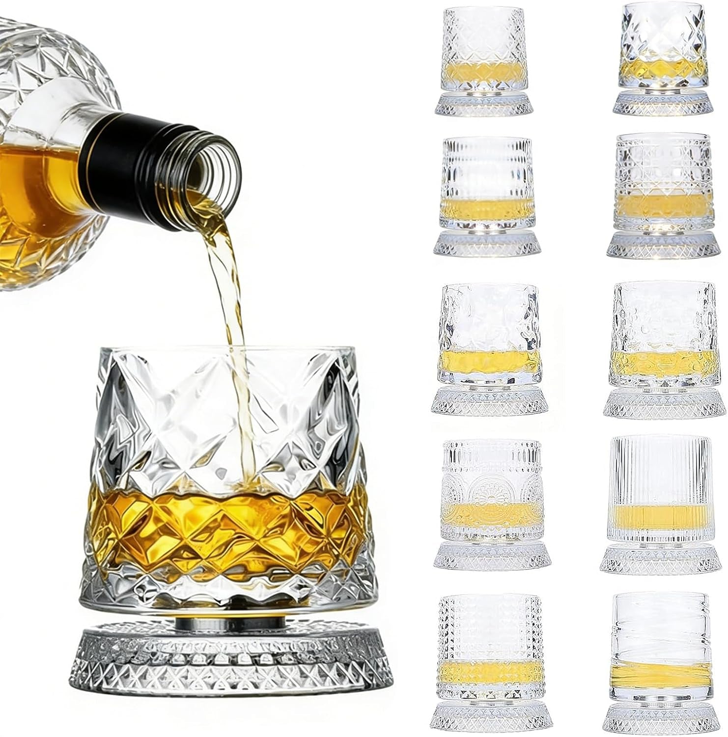Rotating Whiskey Glass, 360 Degree Spinning Crystal Tumbler for Stress Relief, Heavy Base Kinetic Old Fashioned Glass for Scotch Bourbon, Unique Gift for Men Dad Husband on Birthday
