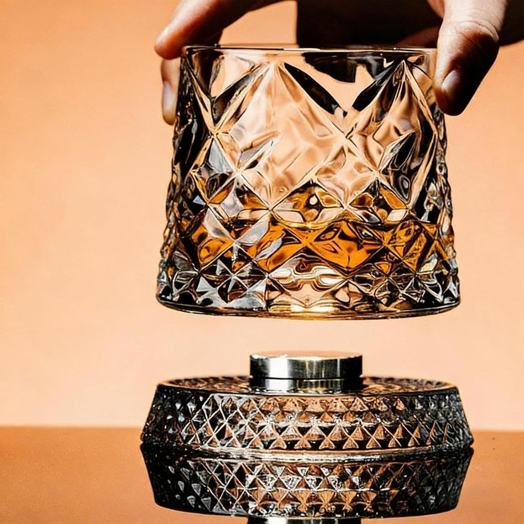 Rotating Whiskey Glass, 360 Degree Spinning Crystal Tumbler for Stress Relief, Heavy Base Kinetic Old Fashioned Glass for Scotch Bourbon, Unique Gift for Men Dad Husband on Birthday